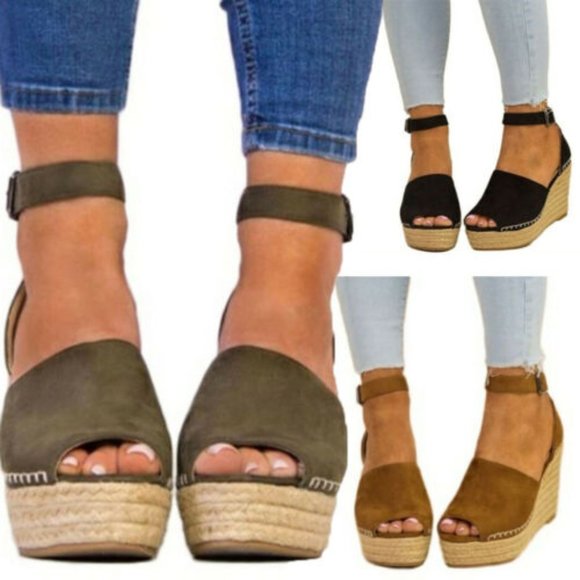 Blqck Platform Open Toe Espadrilles Wedge Heels strap - Picture 3 of 10